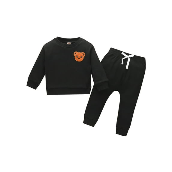 Sedceaty Little Boys Clothes Set Toddler Boy Round Neck Long Sleeve Embroidered Bear Patch Tops Elastic Waist Long Pants