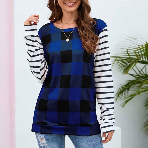 Puntoco Mujer Moda Casual Manga Larga Cómodo Lattice Stripe Sudadera tops Blusa Puntoco Puntoco-3775