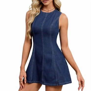 Women'S Backless A Line Denim Dress Y2k Sleeveless Flared Hign Waist Short Dresses M