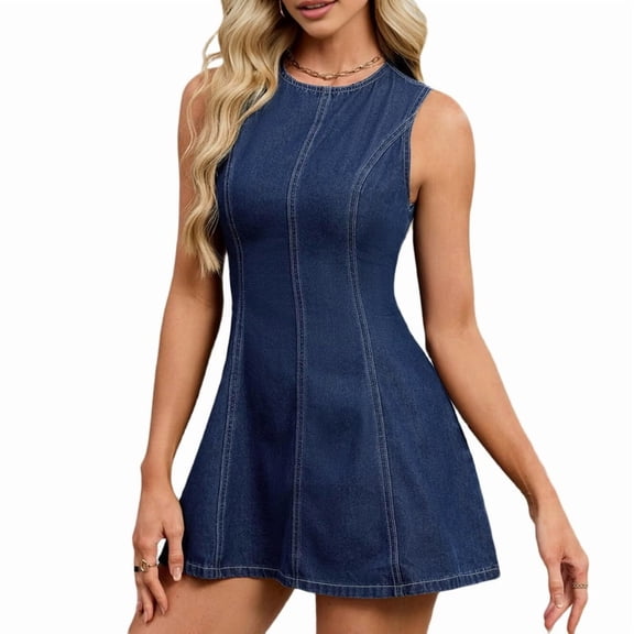 Women'S Backless A Line Denim Dress Y2k Sleeveless Flared Hign Waist Short Dresses M