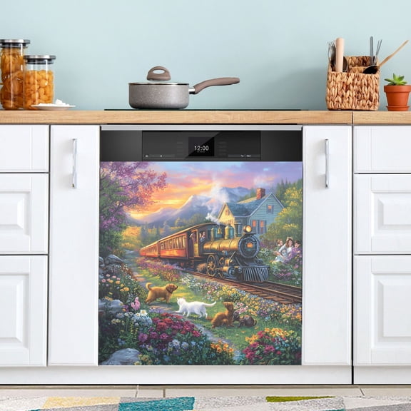 Haosy Dishwasher Magnet Cover Magnetic Fridge Door Cover Home Kitchen Decor Train Dog Flower 23"x 26"