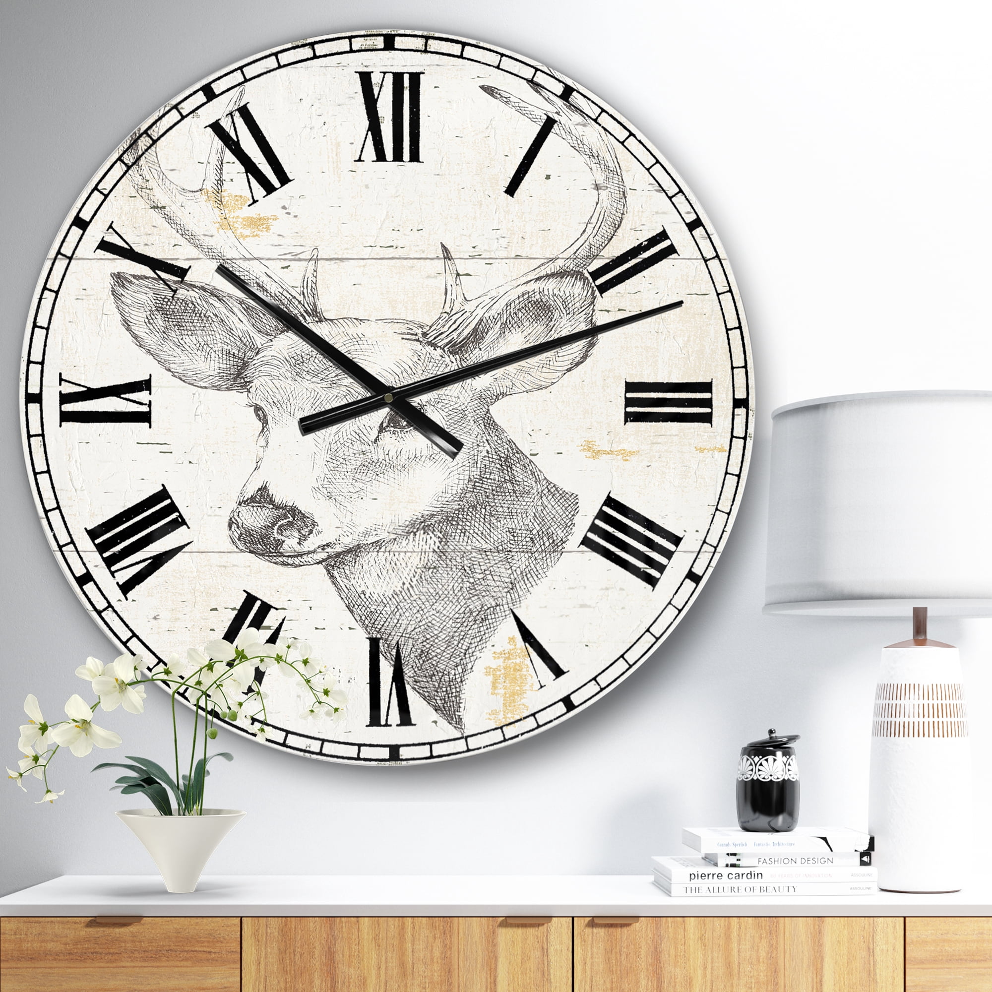 Designart Deer Wild and Beautiful II 23" x 23" Gray Analog Round Traditional Wall Clock, CLM30979-C23
