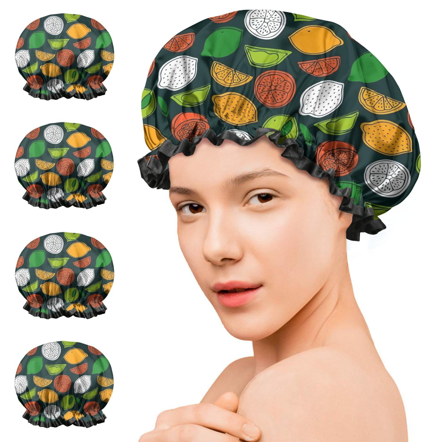 Shower Caps,Lemon Mixed Citrus Fruits DarkGreen Pattern Waterproof Shower Cap for Women 4 Pieces,Double Reusable Hair Cover for Shower PEVA Elastic Stretch Hem
