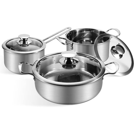 Stainless Steel Pots and Pans Set, 7-Piece Kitchen Cookware Sets with Glass Lids, Stay-Cool Handle, Oven Safe, Works with Induction/Electric and Gas Cooktops, Dishwasher