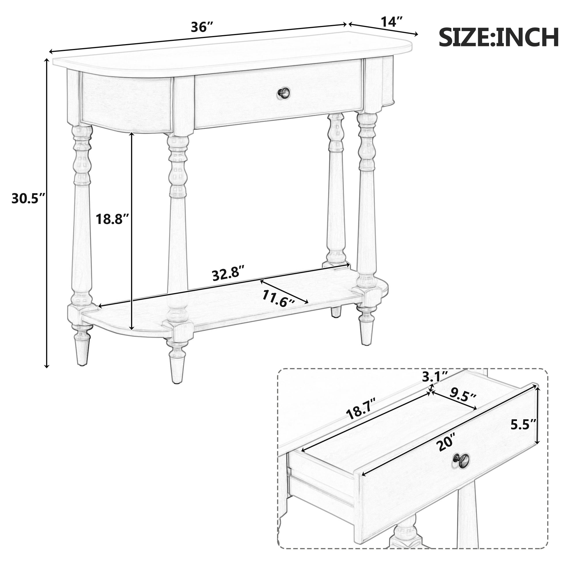 EUROCO 36" Retro Console Table with Drawer,Solid Wood Entryway Table Sofa Table with Open Storage Shelf and Corner-Curved Design for Entryway, Hallway and Living Room,Beige