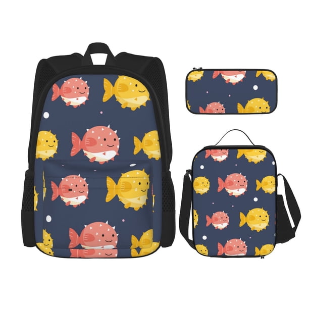 Easygdp Cute Puffer Fish Mochila para Niños y Niñas con Set de Caja de Almuerzo y Estuche para Lápices 3 en 1, Mochila Escolar Estampada para Adolescentes