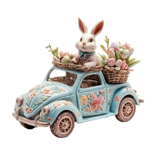 Easter Decorations for The Home Easter Rabbit Egg Acrylic Desktop Decoration Holiday Decoration Hollow Out Decorationeaster Decorations for Table. A decorative Easter ornament featuring a white rabbit sitting atop a vintage-style blue car adorned with floral patterns. The rabbit is surrounded by a basket of colorful Easter eggs and flowers, creating a festive holiday vibe. The ornament is crafted from acrylic with intricate hand-painted details, suitable as a table centerpiece or desktop decoration.