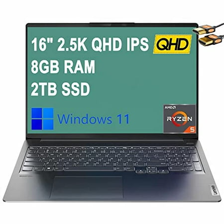 Lenovo Ideapad 5 Pro 16 Laptop 16" 2.5K QHD IPS Display (100% sRGB) AMD Hexa-Core Ryzen 5 5600H (Beats i7-9750H) 8GB RAM 2TB SSD Backlit Keyboard USB-C Dolby Atmos Win11 Grey + HDMI Cable