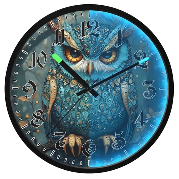 Ryvnso Bohemia Owl 12 Inch Night Light Wall Clock Luminous Silent Battery Operate Clocks