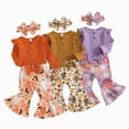 thumbnail image 5 of masbird Newborn Baby Girl Clothes 3pcs Fall Winter Outfits Rib Frill Long Sleeve Romper Daisy Flared Pants Headband Set,Orange,6-12 M, 5 of 5