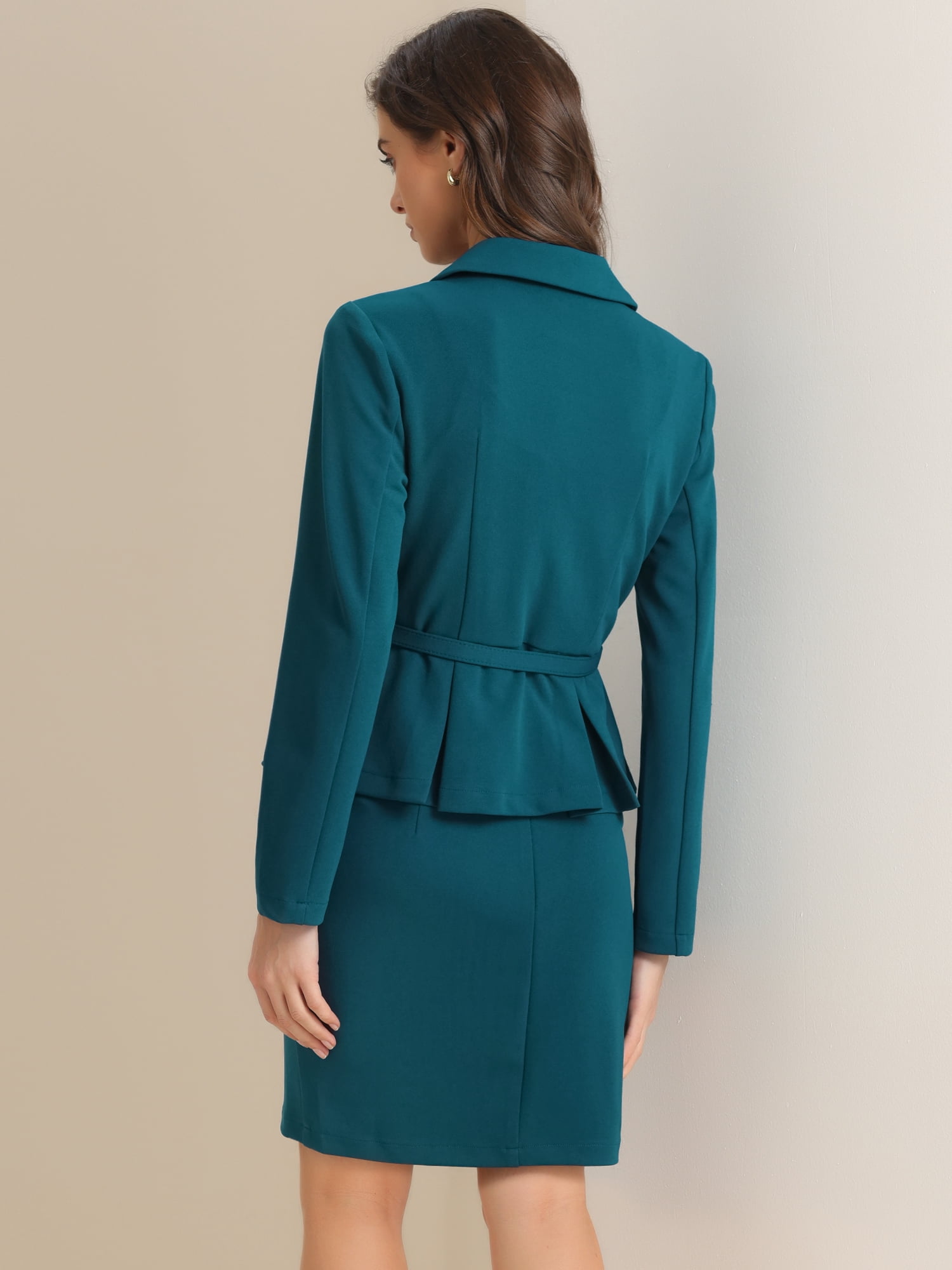 DARING DIVA 2Pcs Women's Business Peplum Blazer Jacket Mini Pencil Skirt Set M Blue Green