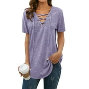 Nlife Women Lace-up Front Solid Color Short Sleeves Tunics Tops