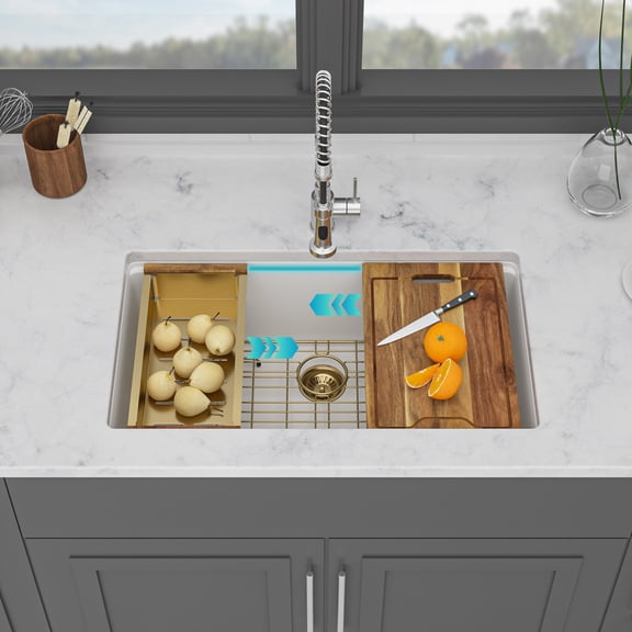 Acpouw Quartz Kitchen Sink - 33" x 19" x 9.65" White Granite Composite Workstation Undermount Single Bowl Kitchen Sink