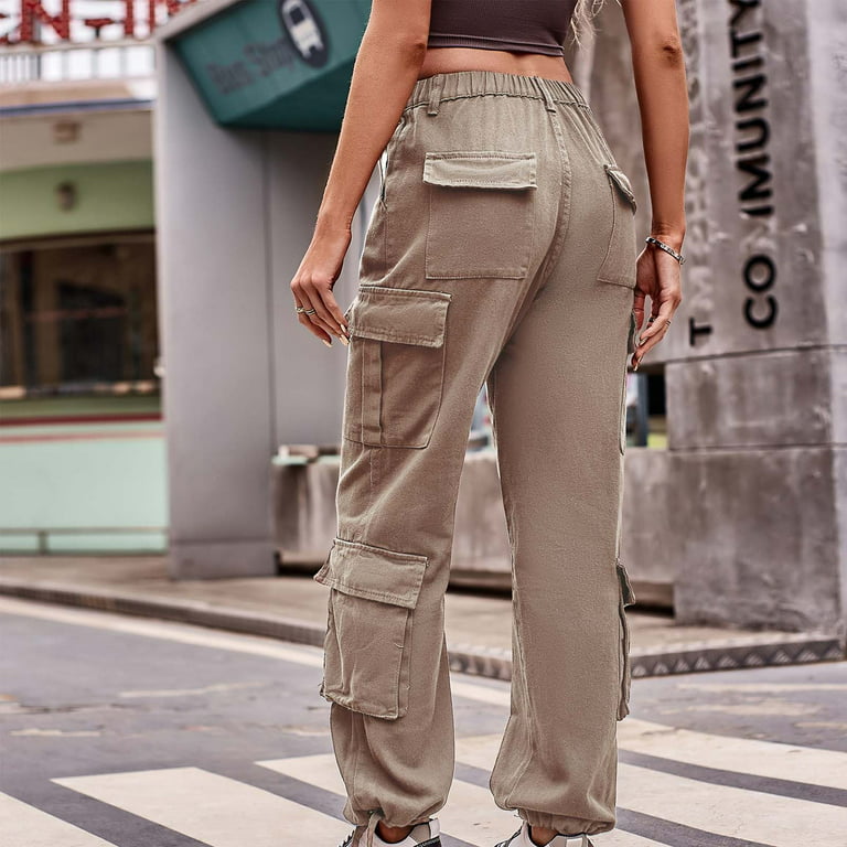 YanHoo Womens Cargo Pants with 8 Pockets Baggy Mid Waist Zipper Straight  Y2k Pants Light Baggy Jogger Loose Parachute Pants