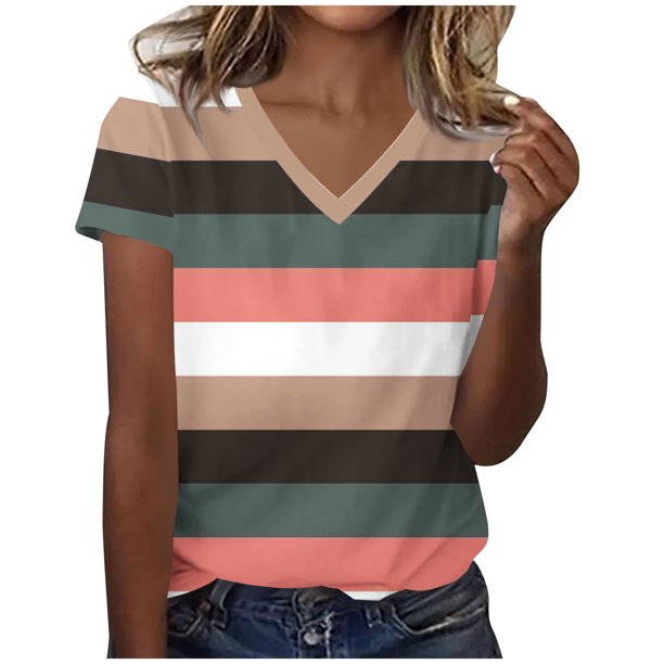 Camisetas Casuales de las Mujeres Moda Cómoda Impresa de Manga Corta con Cuello en V Top para el Uso Diario Casual