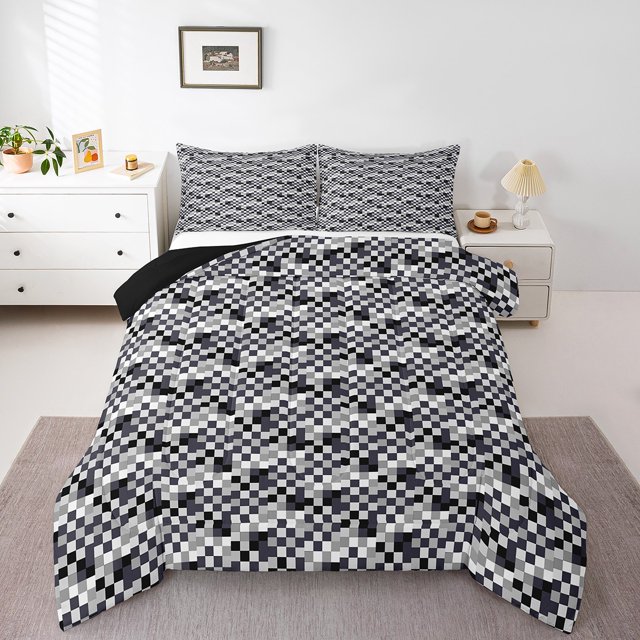 Erosebridal Modern Geometric Bedding Full Comforter Set, Chic Check Comforter Sets Full Size, Minimalism Minimalst Reversible Down Comforter, Ultra Soft Room Decorative, 3pcs