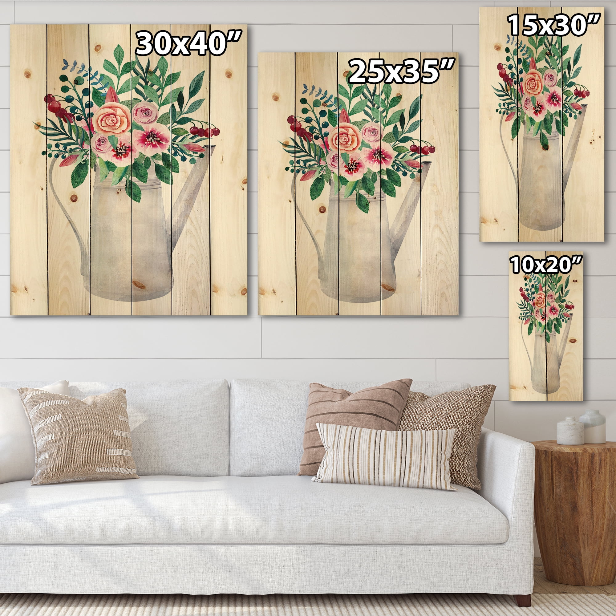 Designart 'Bouquets of Flowers In Rustic Flowering Pot With Berries' Traditional Print on Natural Pine Wood