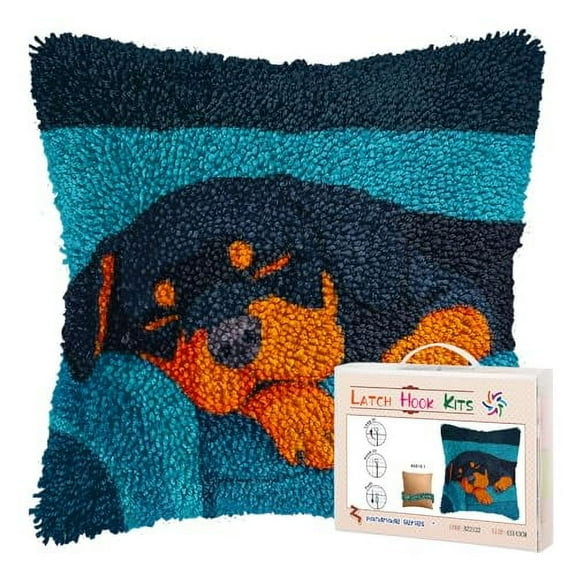 DIY Latch Hook Pillow Kits for Adults Rottweiler Dog Puppy Sleeping Printed Pillowcase Crochet Yarns Hooking Handmade Pillow Cover Cushion for Home Sofa Decoration 17x17inch-4