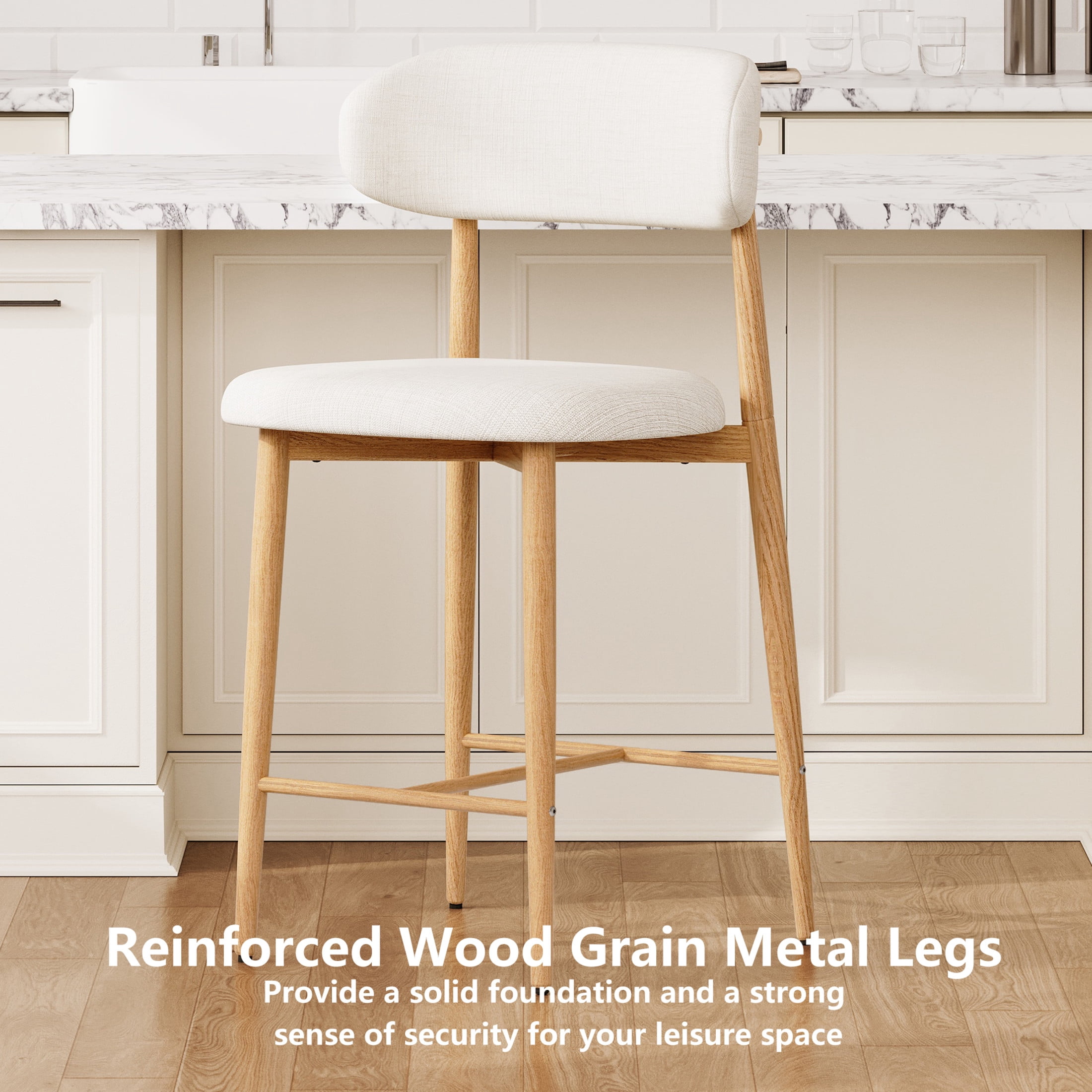 Noble House Counter Bar Stools, Upholstered Stools with Metal Legs, Ergonomic Kitchen Island Chairs, Beige, Set of 2