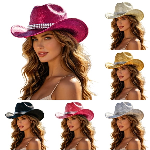 XIAOCHA Women's Sparkly Cowboy Hat Wide Brim Sun Protection Rodeo Cowgirlhat Outdoor Horse Riding Wide Brim Western Hat,Hot Pink