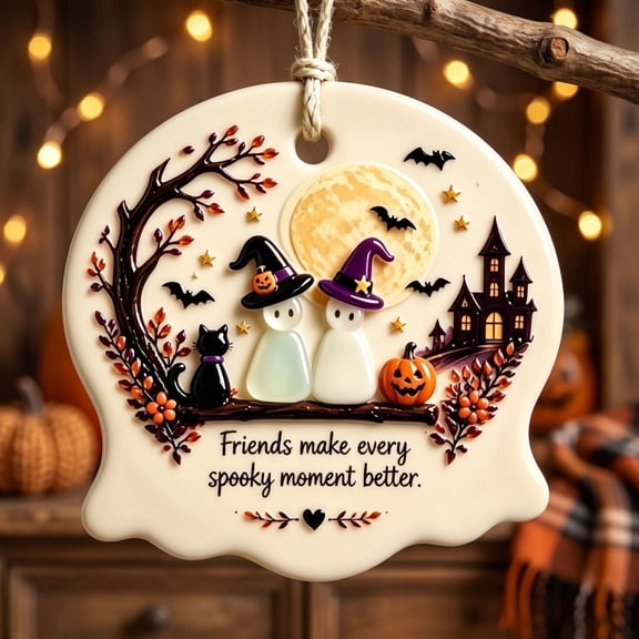 HHJZPR Tree Shaped Halloween Summerween Acrylic Ornament, Printed Spooky Night Witch Couple Cat Pumpkin Castle Quote Hanging Decor for Holiday Front Porch Xmas Tree Mantel Display