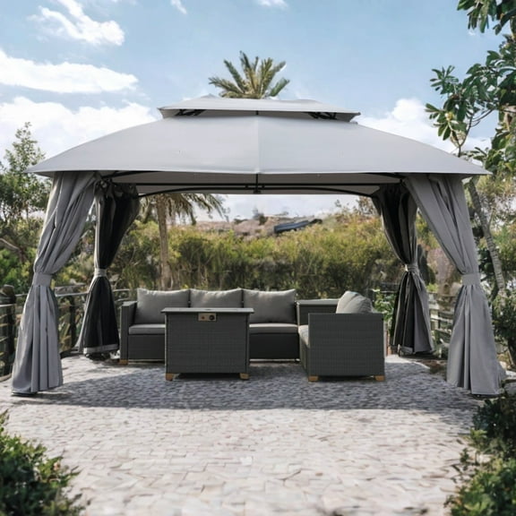 GRANDPATIO 10x13 Ft Gazebo Double Soft Top All-Weather Canopy Anti-UV Shelter with Privacy Curtains and Netting for Patio, Deck, Backyard, Garden, Lawns