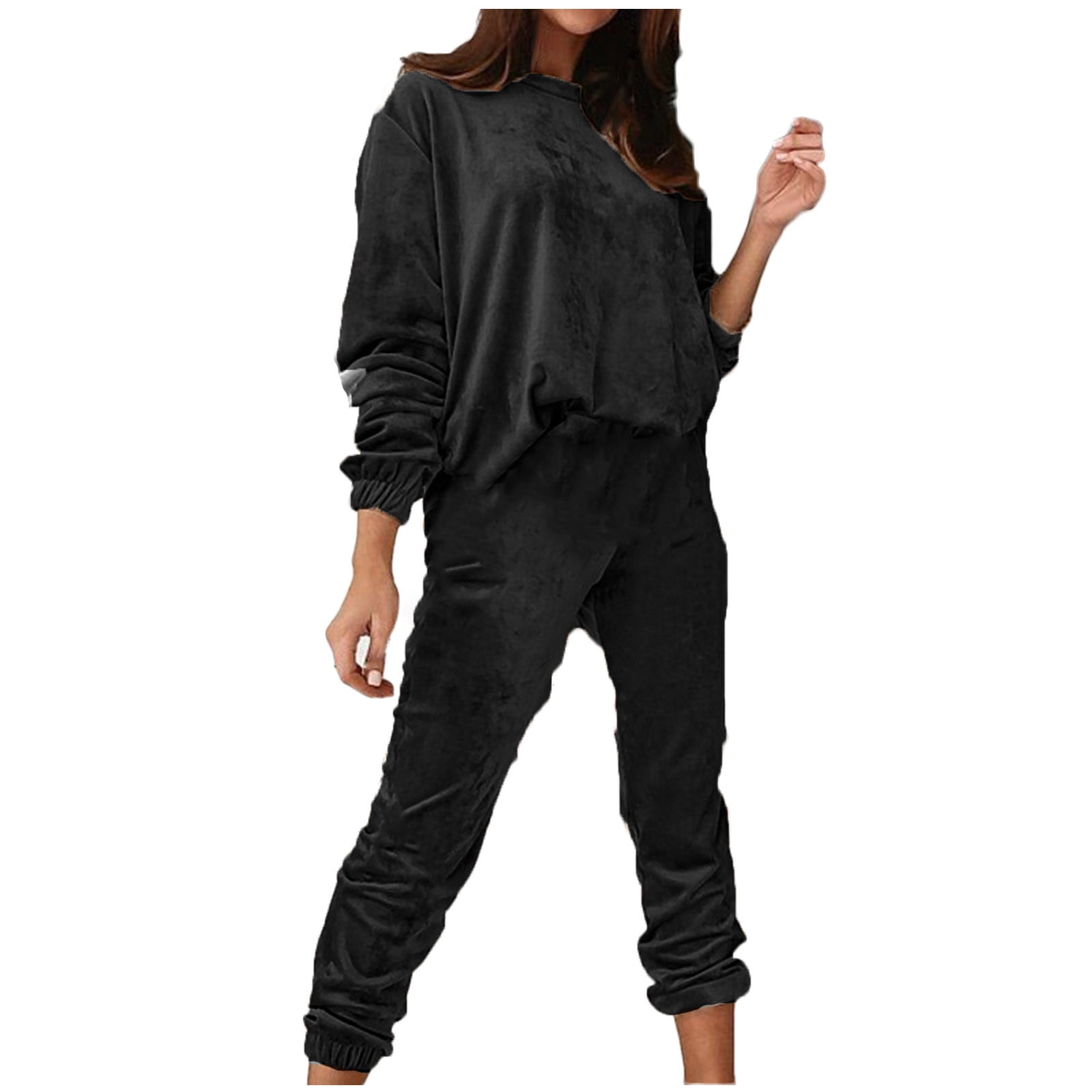 Women s 2 Piece Velvet Outfits Casual Soft Long Sleeve Crewneck Sweatshirt and Hight Waisted Pants Sets Tracksuits Walmart