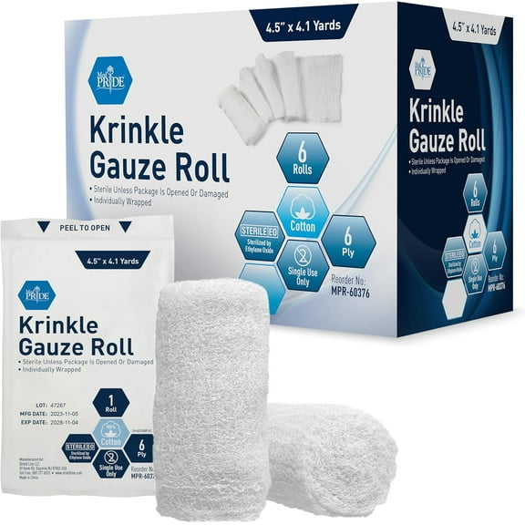 Med Pride Sterile Krinkle Gauze Rolls, 6-Ply, 4.5 in x 4.1 yd, 6 Rolls – Cotton Medical Wound Dressing Bandage Wraps