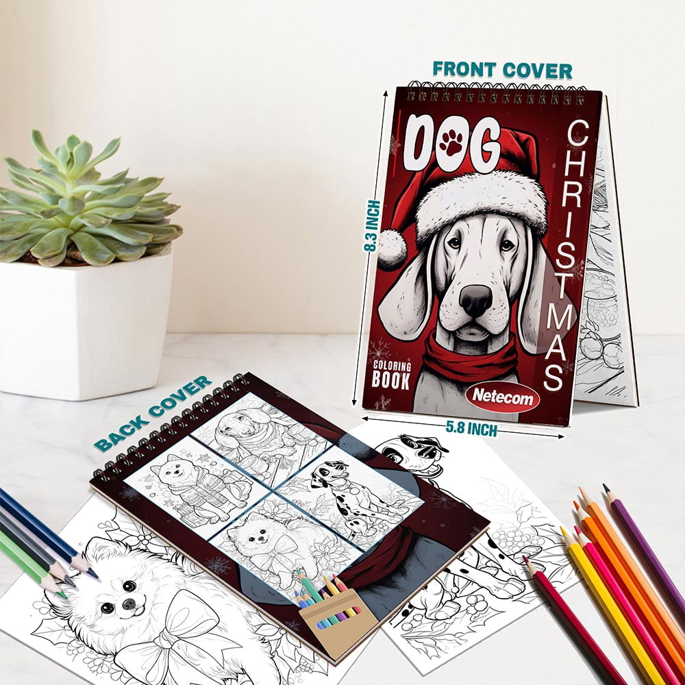 Netecom Christmas Dog Coloring Book Spiral Bound For Adults, A5 Wooden Cover, 30 Fun Coloring Pages of Cute Dogs Enjoying the Christmas Atmosphere for Stress Relief and Relaxation