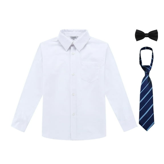 Bienzoe Boy's School Uniform Long Sleeve Button Down Shirt with Tie&Bowtie White 12