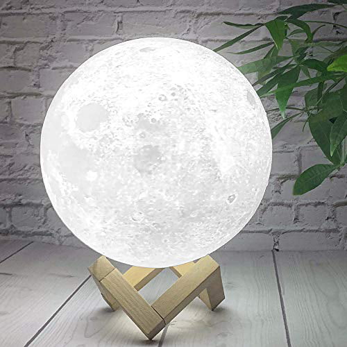 Dimmable Three Colors USB Rechargeable 4.7INCH 3D Printed Moon Night Light Touch & Remote Control Christmas Thanksgiving Gifts for Kids AED Moon Lamp with Stand 