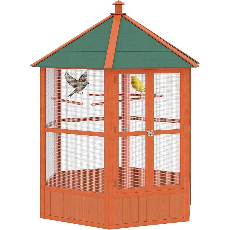 PawHut 44" Hexagon Covered Canopy Bird Cage with Stand Orange