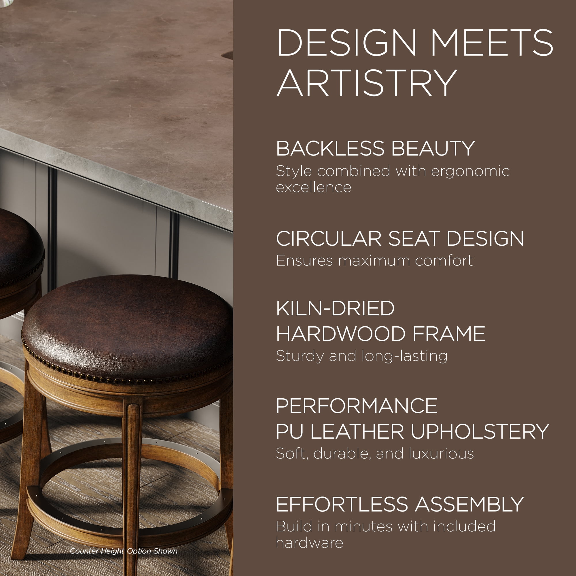 Maven Lane Alexander Backless Bar Stool, Walnut Finish w/ Marksman Saddle Vegan Leather