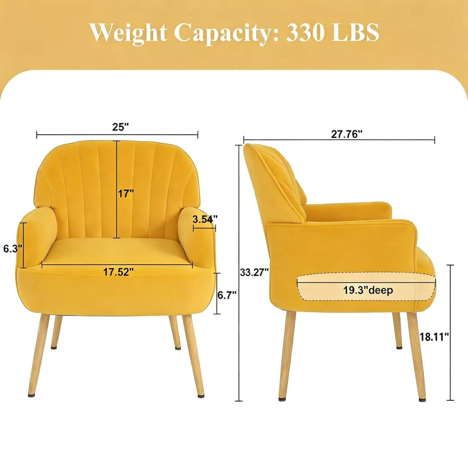 MOONMISS Accent Chair Velvet Upholstered with Metal Legs, Modern Sofa Chair for Livingroom,Yellow