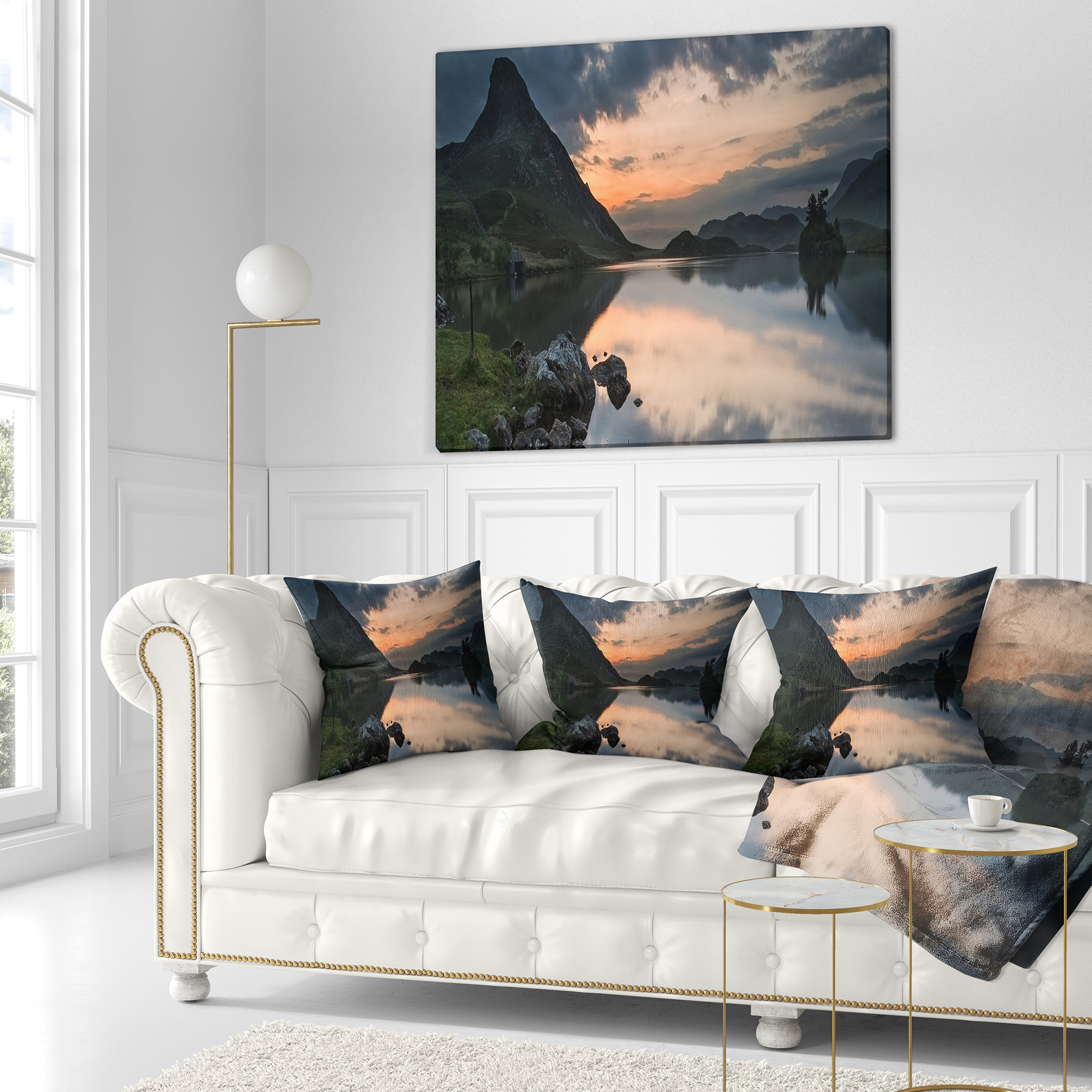 Designart Stunning Sunrise over Lake Panorama - Landscape Printed Throw Pillow - 16x16