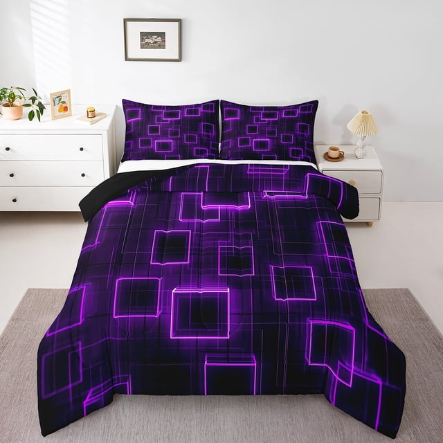 YST Geometry Quilt Full Size Boys Girls,Purple Black Geometrical Bedding Set For Kids Adults,Neon Lights Comforter Set Modern Gradient Cubes Abstract Duvet Insert