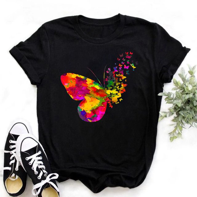Camiseta Con Estampado De Árbol De Mariposa Para Mujer , Ropa De Verano De Manga Corta , Negra Blanca S-3XLpangjing