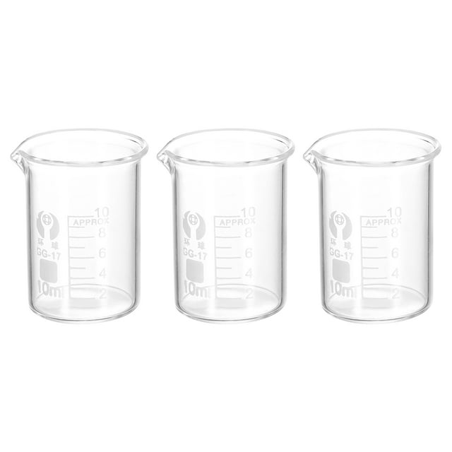 Unique Bargains 3Pack 10ml Low Form Glass Beaker, 3.3 Borosilicate Glass Graduated Measuring Cups with Spout