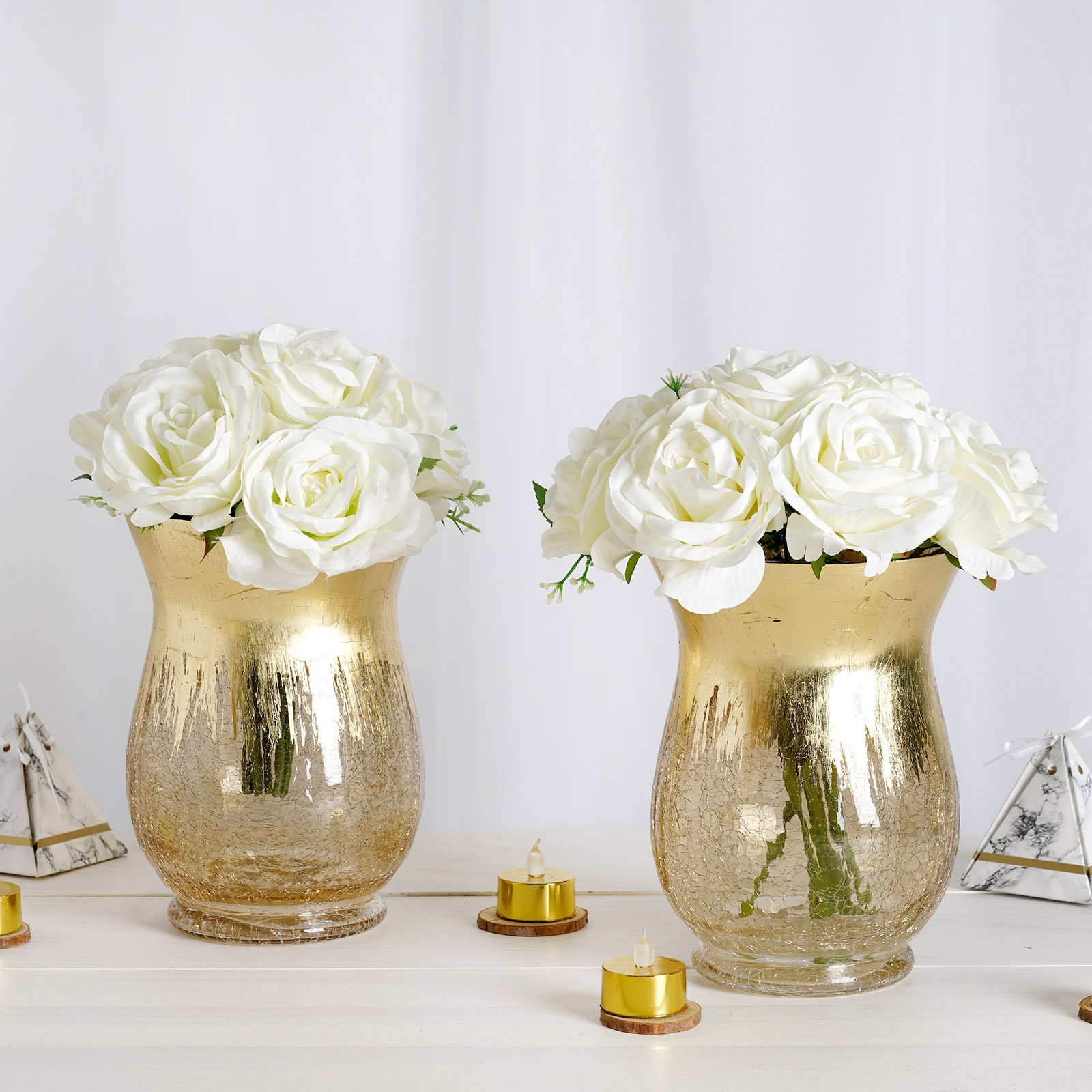 Efavormart Pack of 2 Handmade Gold Foil Crackle Glass Vases Hurricane