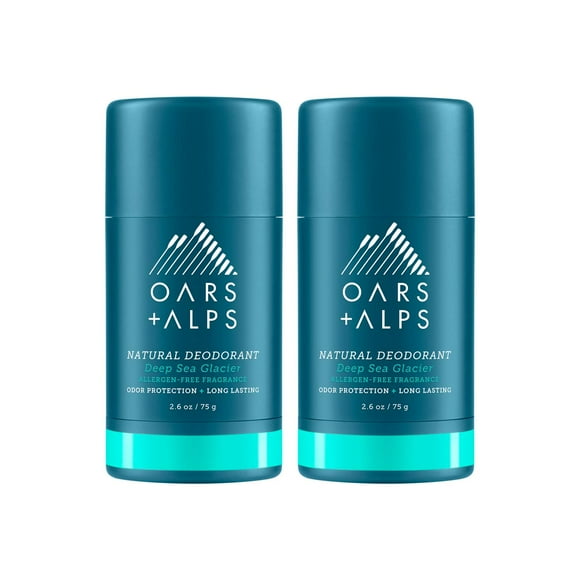 Oars Alps Desodorante sin aluminio para hombres y mujeres Probado por dermatólogos y para pieles sensibles Vegano Tamaño de viaje Glaciar de aguas profundas, paquete de 2, 2.6 oz cada uno