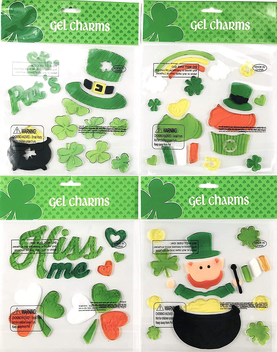 4 Sheet Set Three-Leaf Clovers Golden Horseshoes and Coins Owl Window Gel Clings with Shamrocks St Patricks Day Decorations and More 