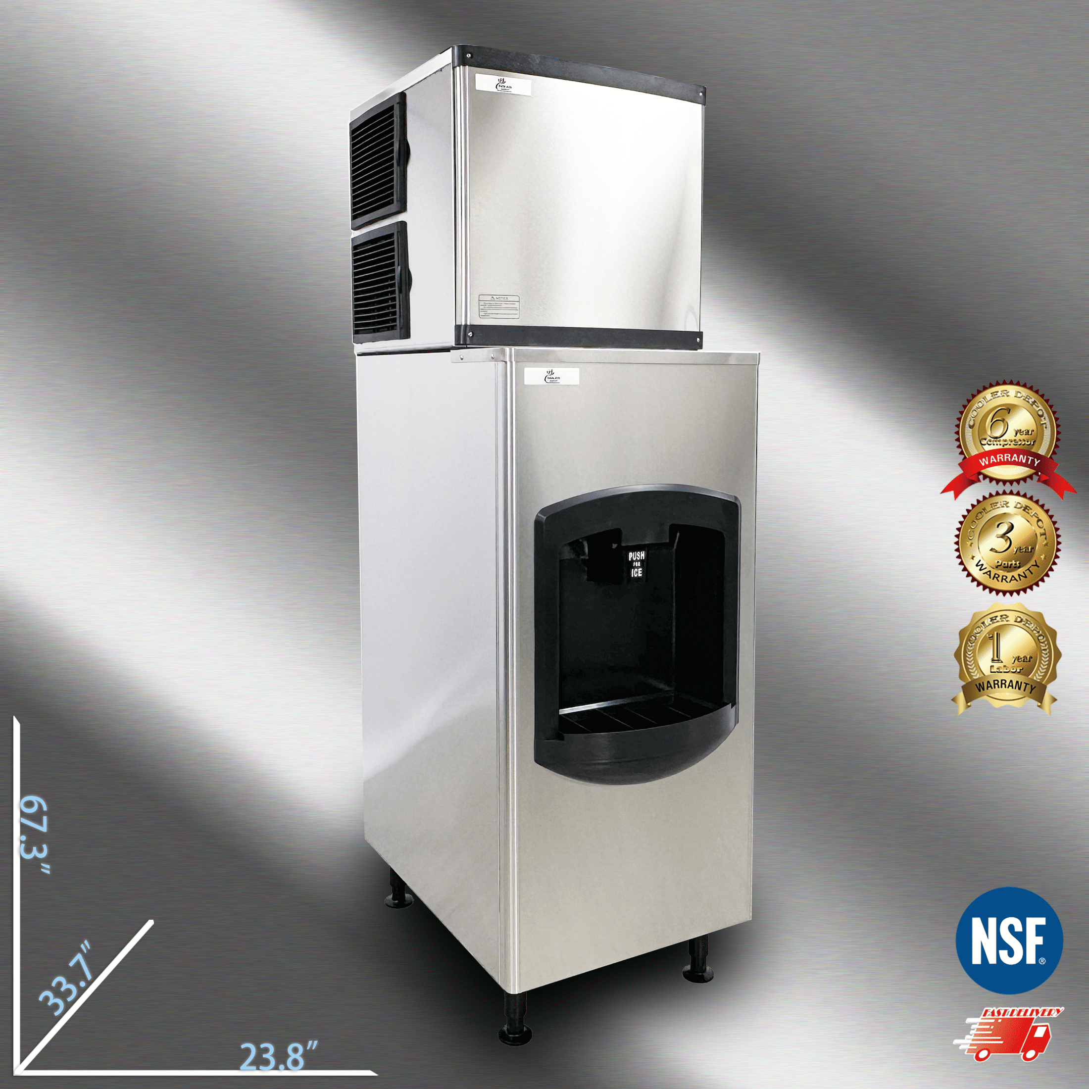 Cooler Depot NSF-Certified 350 lb Air-Cooled commercial Ice Maker and Dispenser, Stainless Steel, Model HD-130B