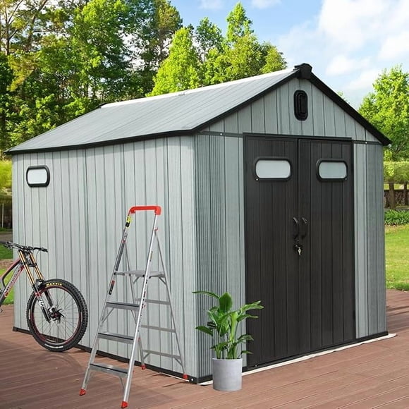 Domi Outdoor Living 8x12 FT Outdoor Resin Storage Shed,Waterproof Plastic Garden Shed with Lockable Doors, Windows & Vents,Large Outdoor Tool Shed for Patio, Lawn Mower, Bikes & Garden