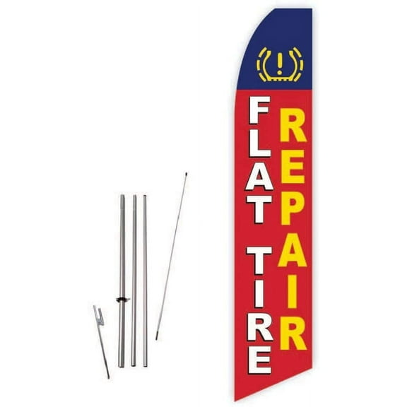 Flat Tire Repair Red Super Novo Feather Flag - Complete with 15ft Pole Set and Ground Spike