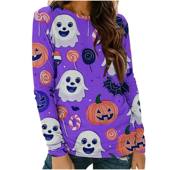 Halloween Shirts for Women Long Sleeve T-Shirts Pullover Tops Fall Long Sleeve Casual Blouses Cute Funny Halloween Printed Sweatshirt Women's Costumes