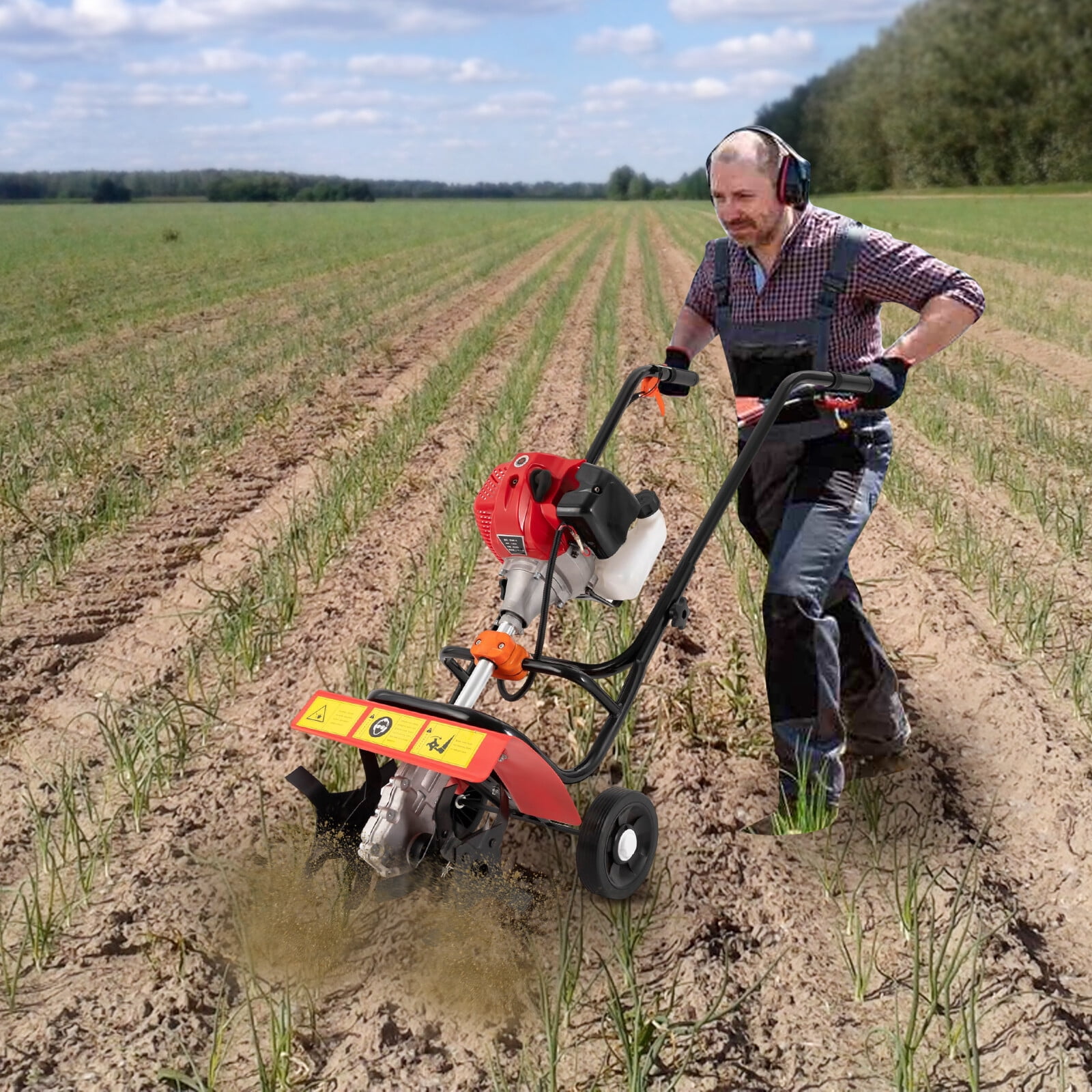 Soil Microcultivator, Gas Powered Mini Tiller Cultivator, Hand Push Tiller, 52cc Two-Stroke Engine, 1.9kW Power, 2800-3200 RPM, 4x 65Mn Blades, 24cm Diameter, High Hardness, Wear Resistant