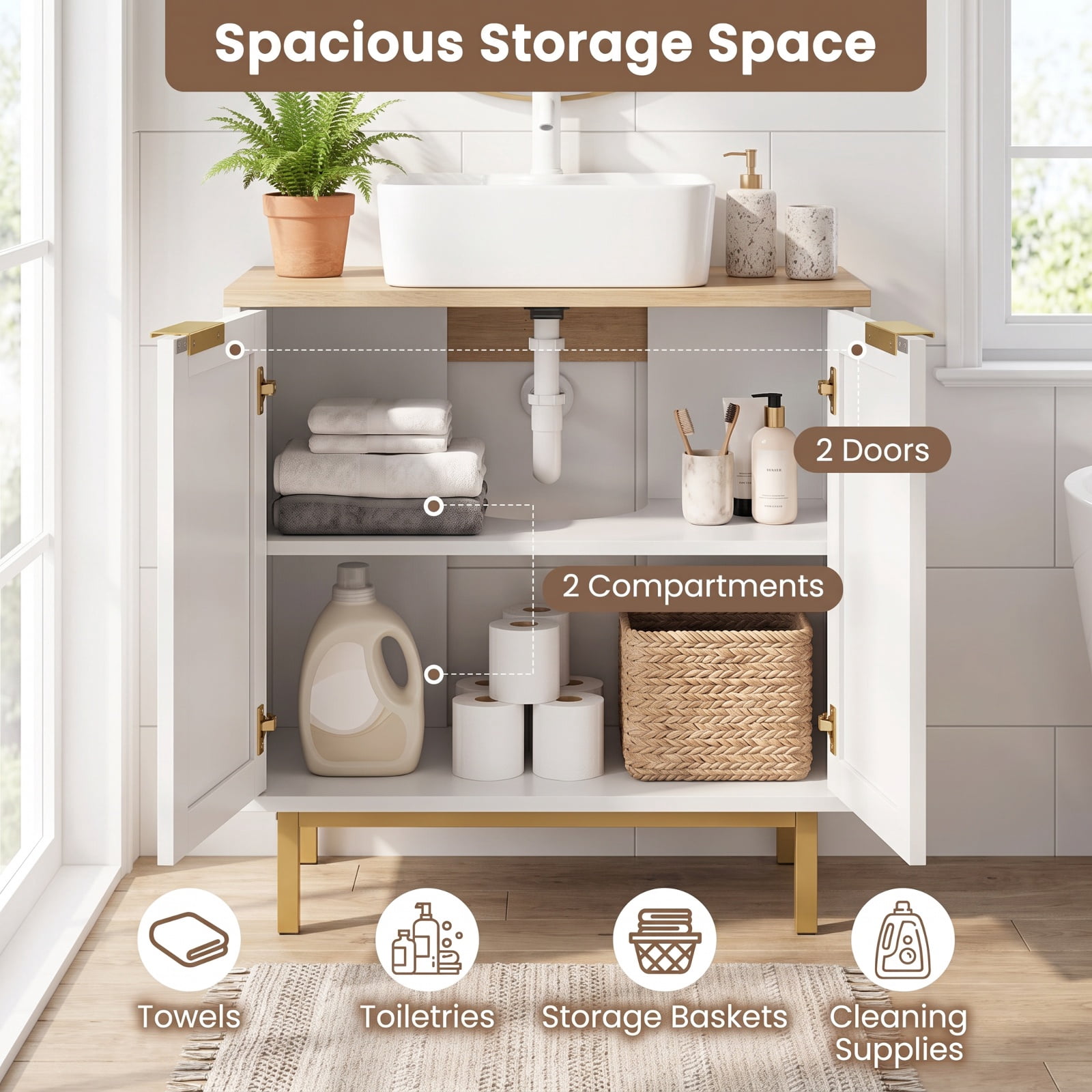 Vebreda Freestanding Bathroom Storage Cabinet, Bathroom Vanity Cabinet with U-Shaped Cut-Out 2 Rattan Doors and Shelf, Hidden Sink Organizer