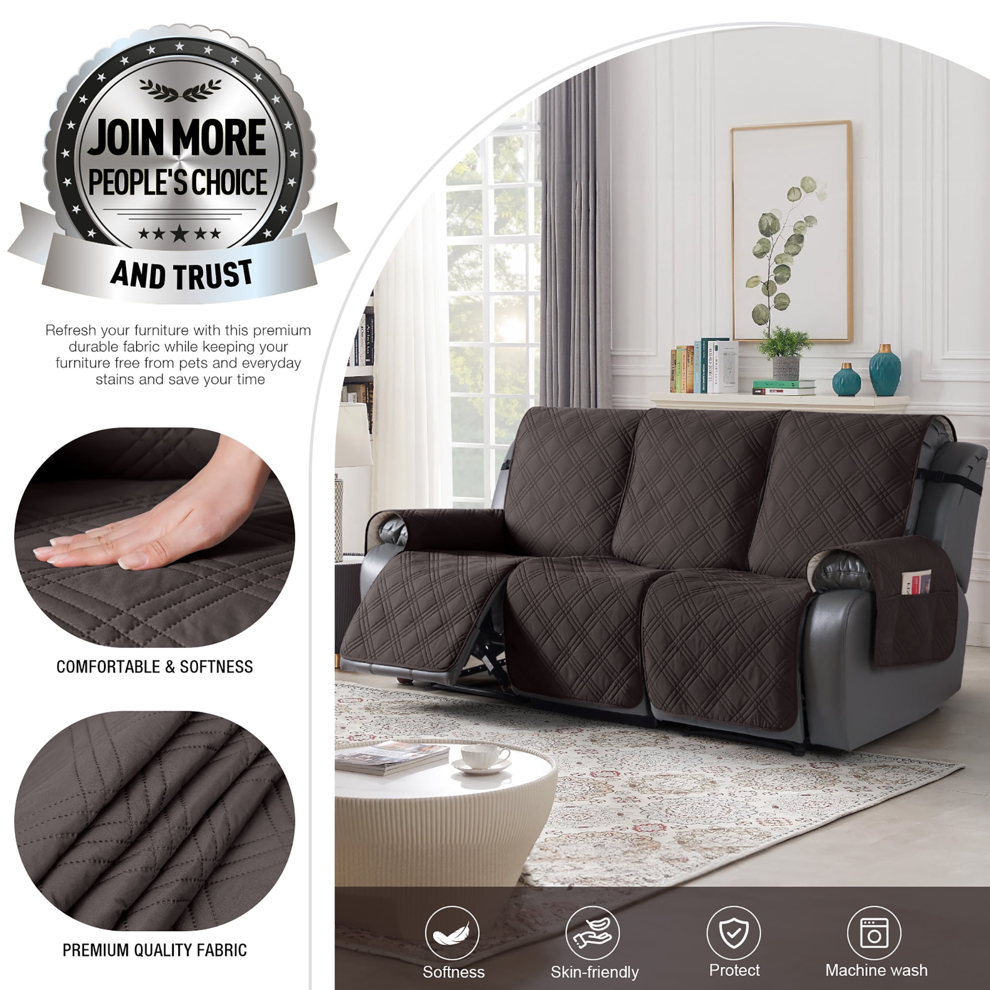 TAOCOCO Non-Slip Waterproof Recliner Sofa Covers, Washable Split Sofa Slipcovers for Reclining 3 Seater Couch, Recliner Sofa Cover with Side with Pockets Home Furniture Protectors,Coffee