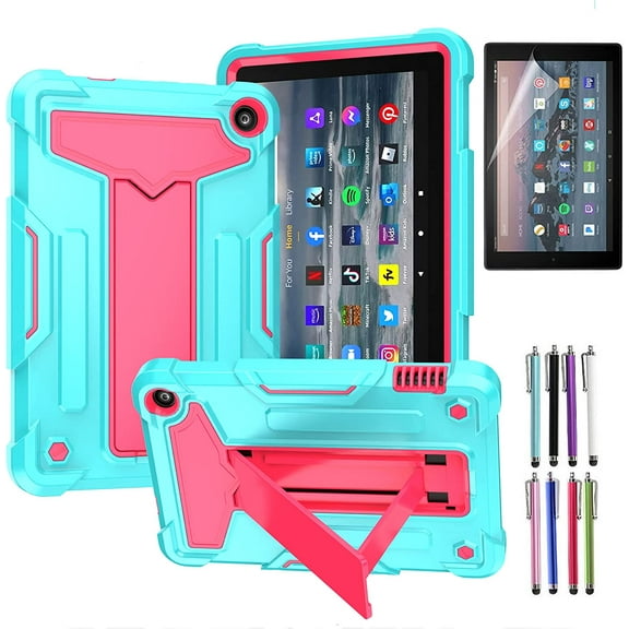 Hybrid Case for Amazon Fire 7 inch Tablet (12th Generation, 2022 Released) - Epicgadget Drop Protection Kids Friendly Cover Kickstand Case For Kindle Fire 7 2022 Model (Teal/Pink)