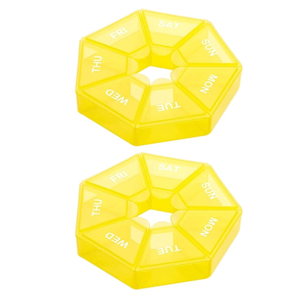 Paquete de 2 pastilleros, 7 rejillas de almacenamiento, pastillas diarias, tableta, dispensador de dulces, caja organizadora portátil de viaje Almacenamiento y organización del hogar Amarillo